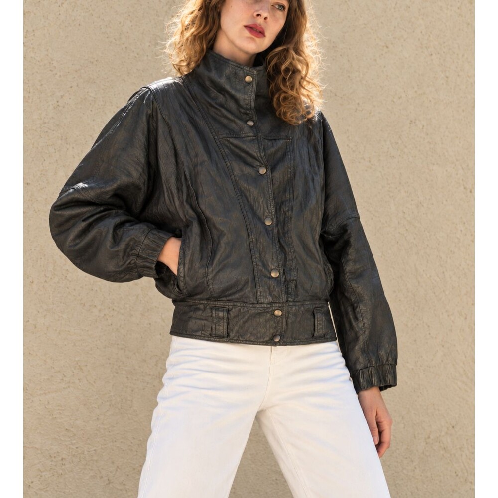 Vintage Winlit Black Leather Bomber Jacket Women’s Oversized 80s Dolman Moto L